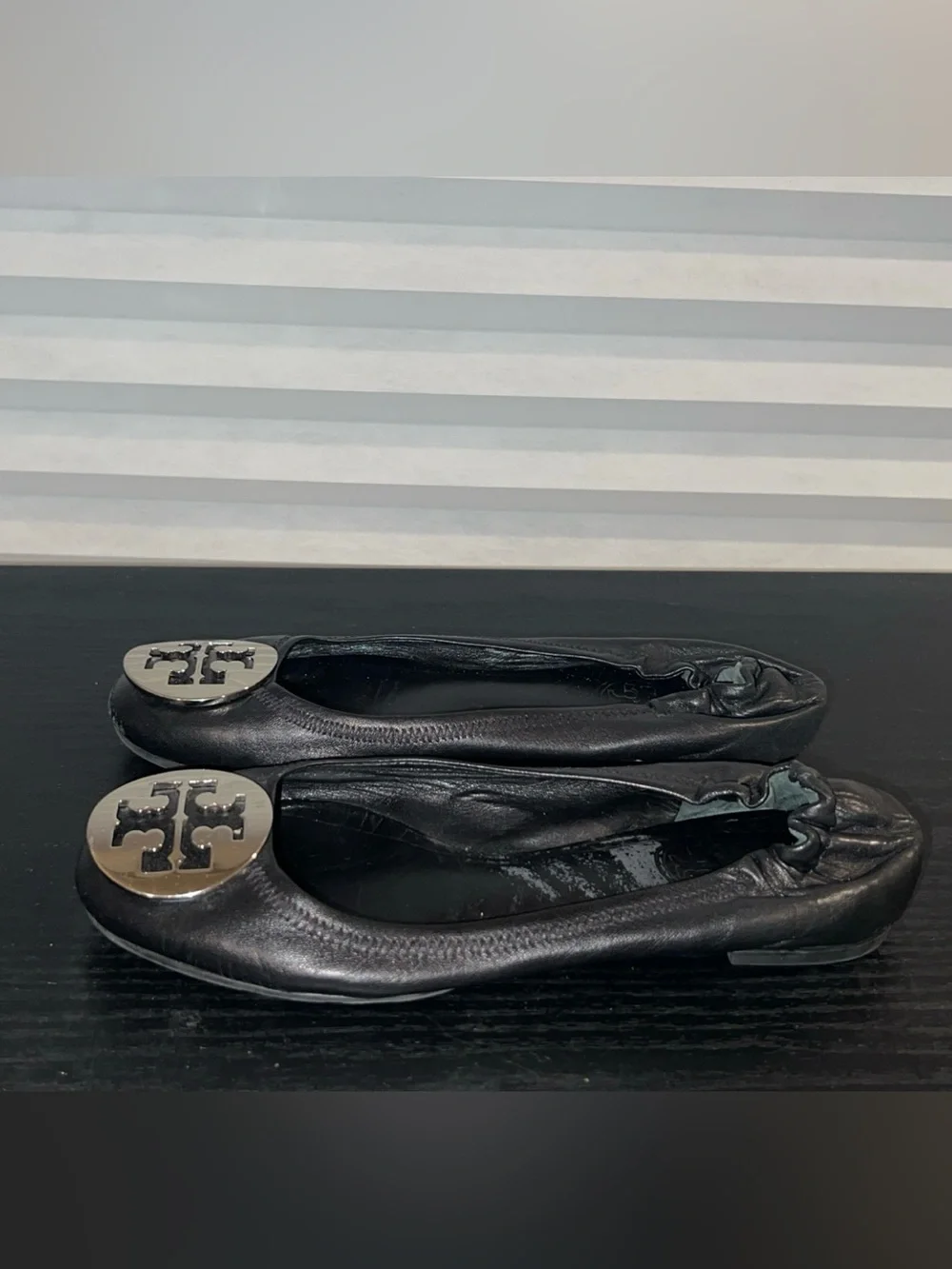 Tory Burch Black Leather Ballet Flat with Gold Medallion